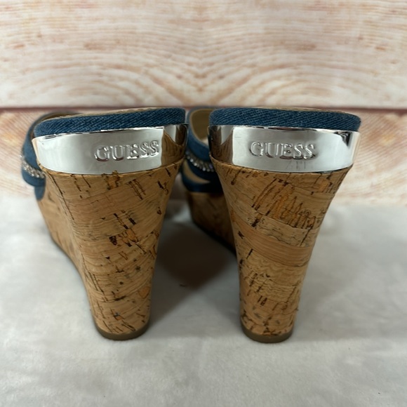 Guess Eieny medium blue denim fabric criss-cross rhinestone cork wedge shoes - Picture 4 of 5